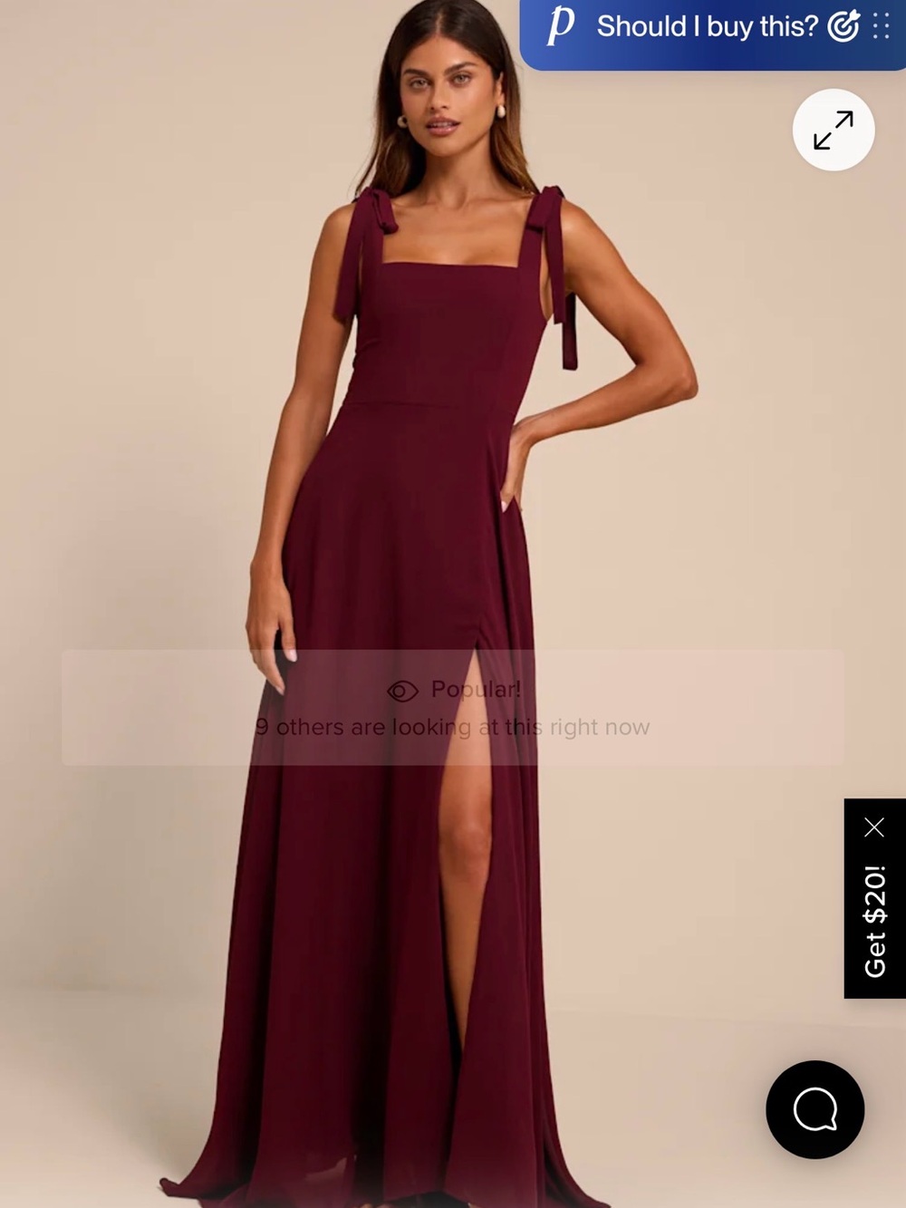 Lulu's Burgundy Tie-Shoulder Square-Neck Maxi Dress with Side Slit